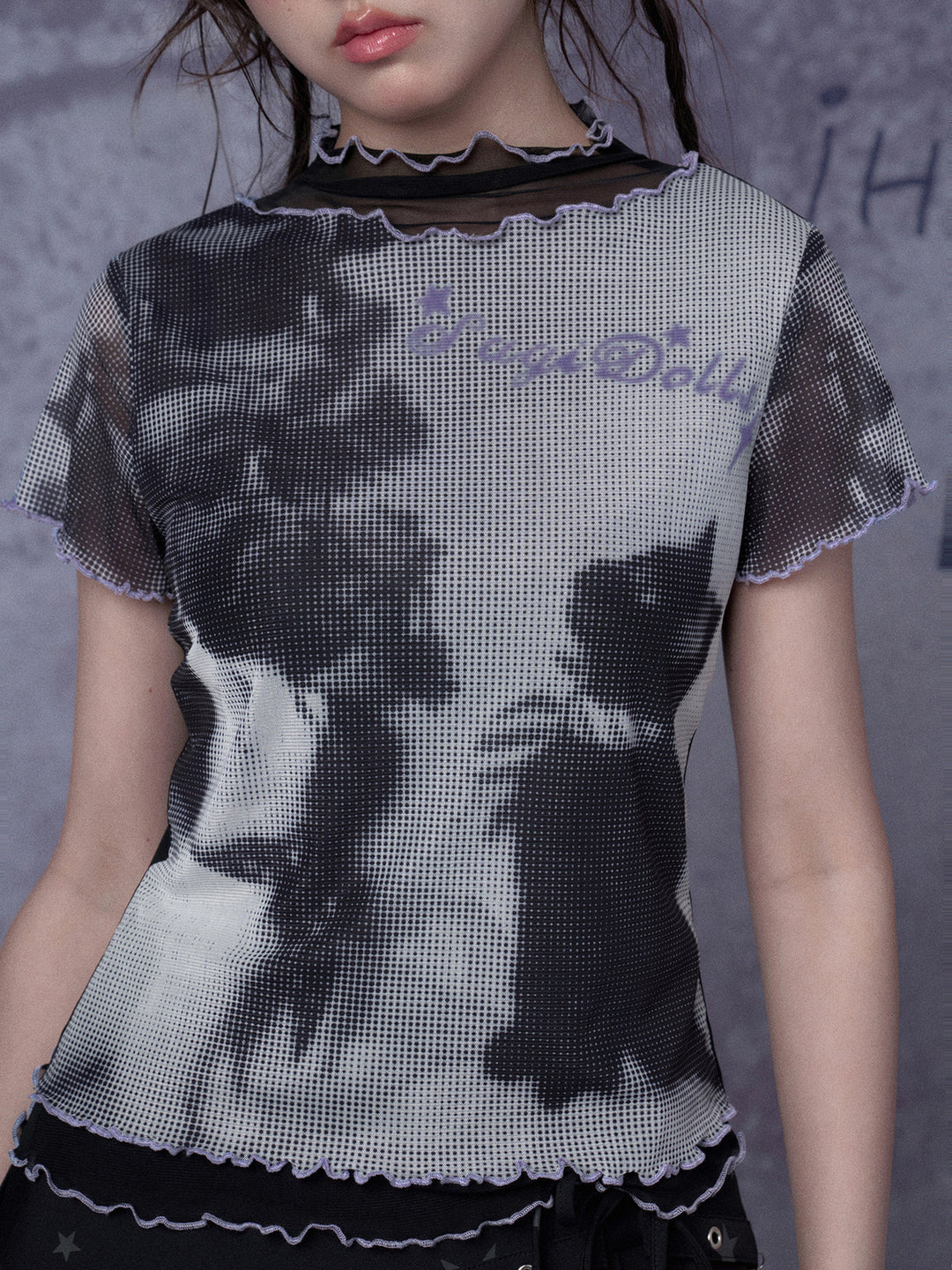 Cat Graphic Layered Mesh T-Shirt