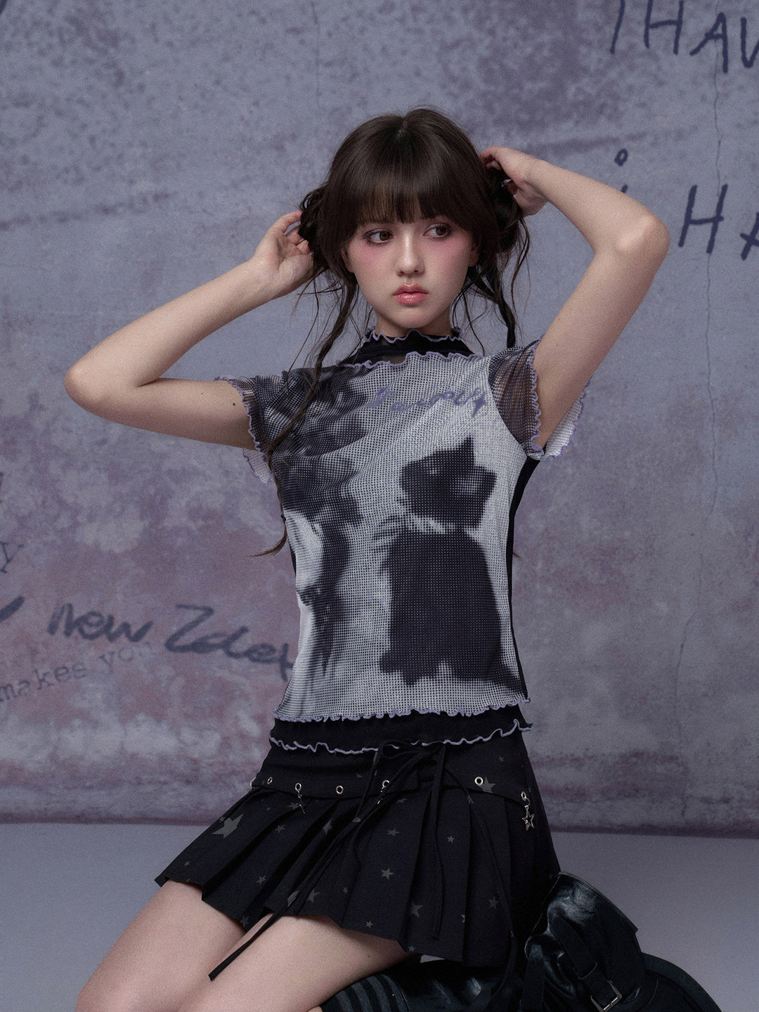 Cat Graphic Layered Mesh T-Shirt