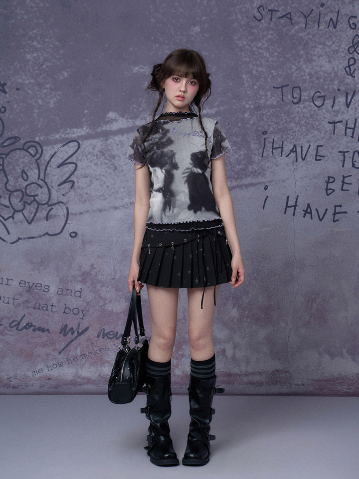 Cat Graphic Layered Mesh T-Shirt