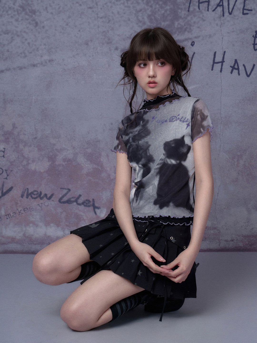 Cat Graphic Layered Mesh T-Shirt