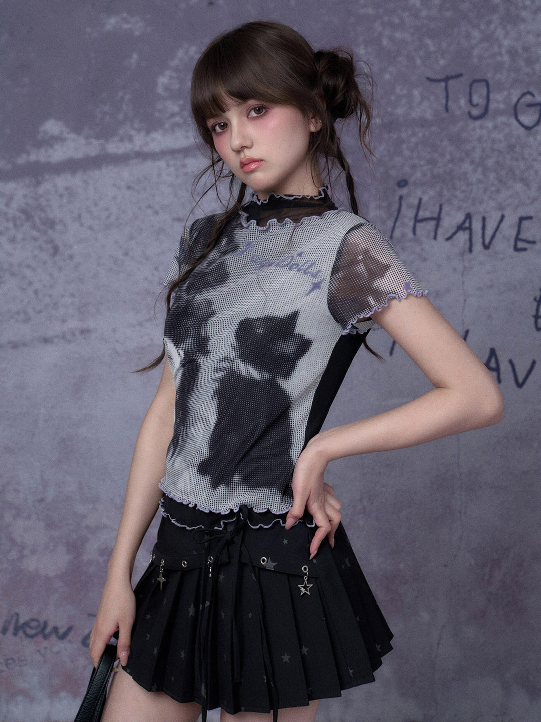 Cat Graphic Layered Mesh T-Shirt