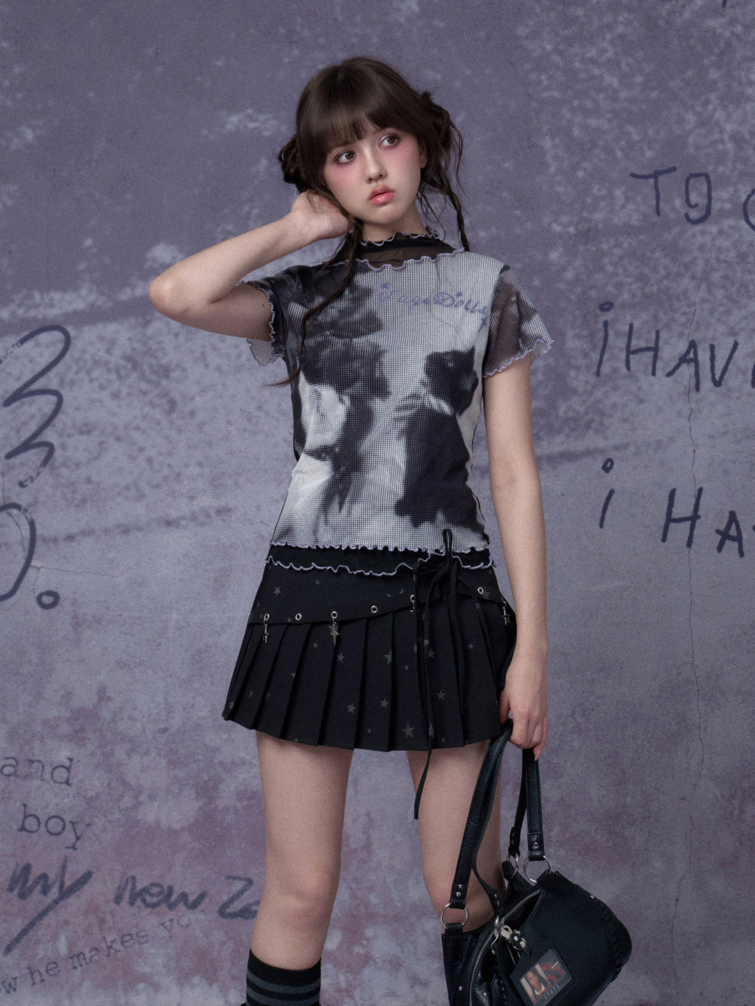 Cat Graphic Layered Mesh T-Shirt