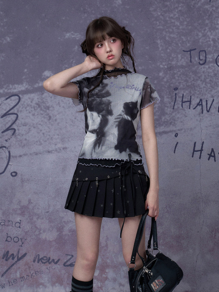 Cat Graphic Layered Mesh T-Shirt