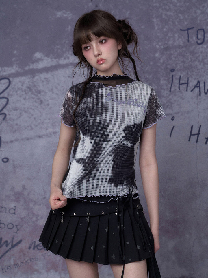 Cat Graphic Layered Mesh T-Shirt