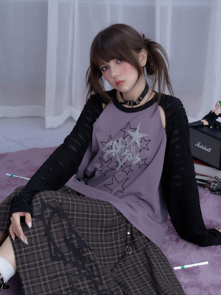 Distressed Star Graphic Raglan Sleeve Top
