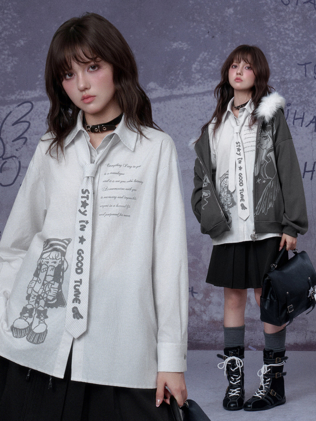Manga Girl Pinstripe Shirt and Tie