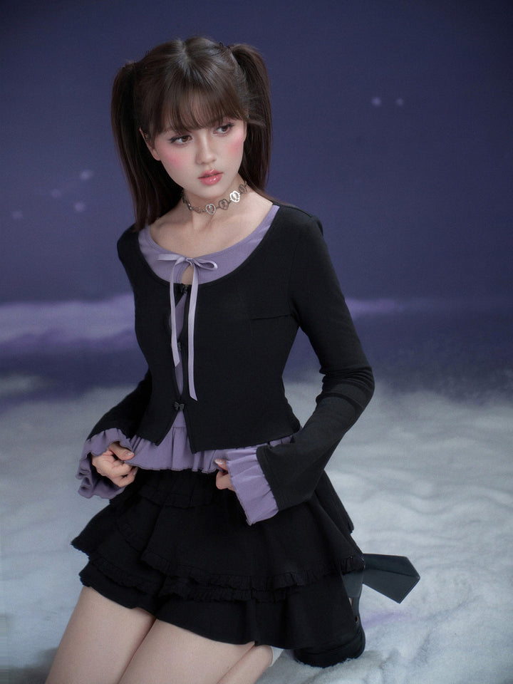 Faux Layered Bow Ruffle Top