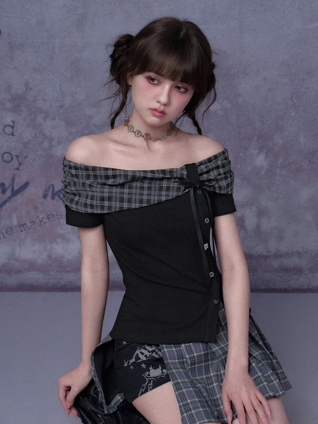 Plaid Bow Off-Shoulder Top