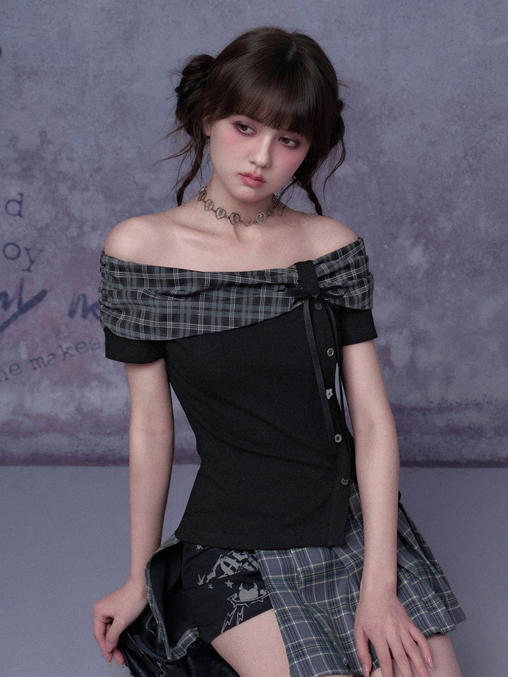 Plaid Bow Off-Shoulder Top