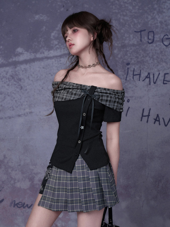 Plaid Bow Off-Shoulder Top