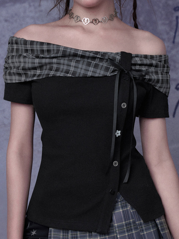 Plaid Bow Off-Shoulder Top