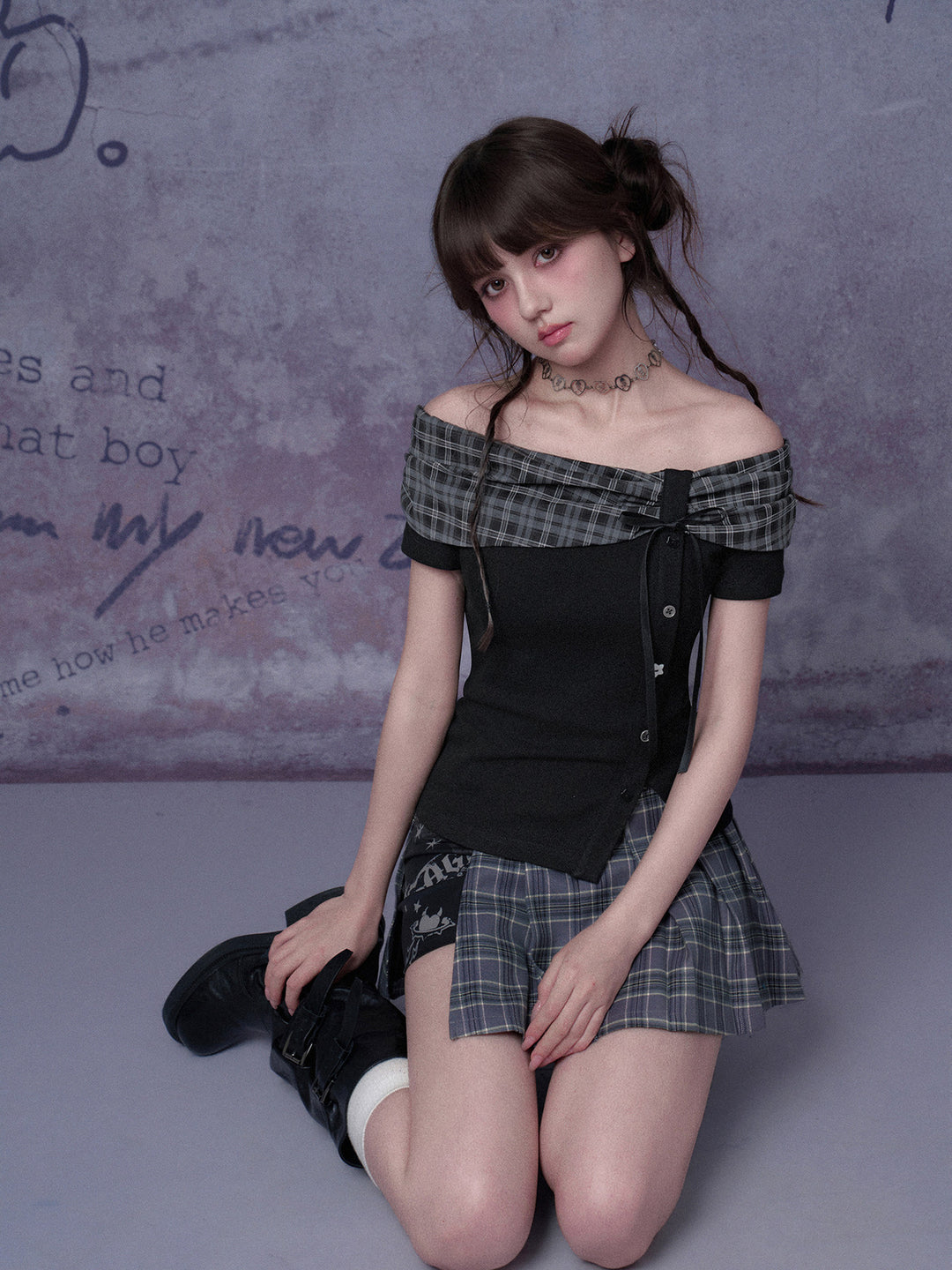 Plaid Bow Off-Shoulder Top