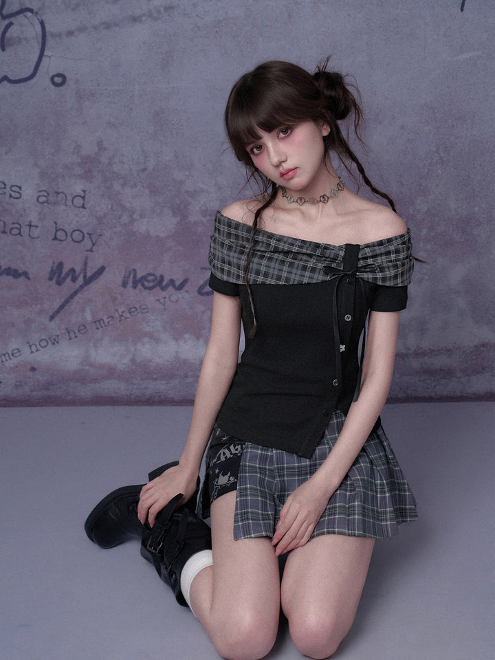 Plaid Bow Off-Shoulder Top