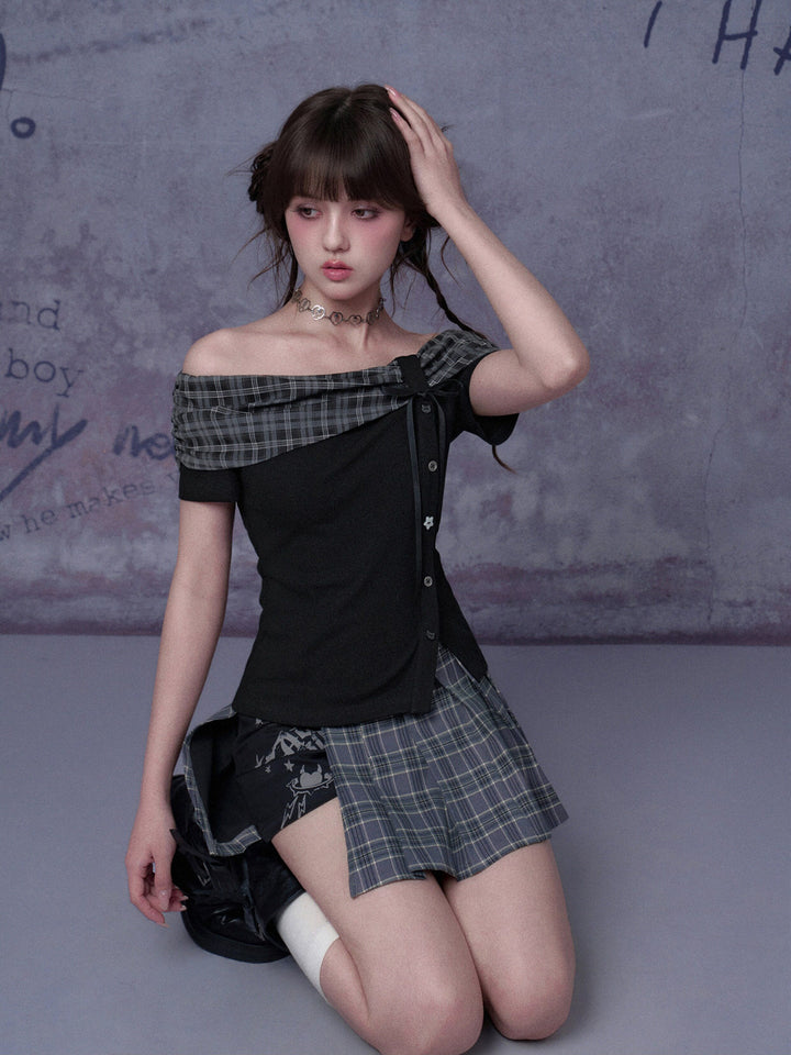 Plaid Bow Off-Shoulder Top