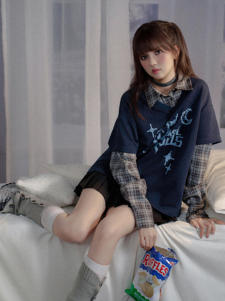 Plaid Layered Pixel Graphic Sweatshirt
