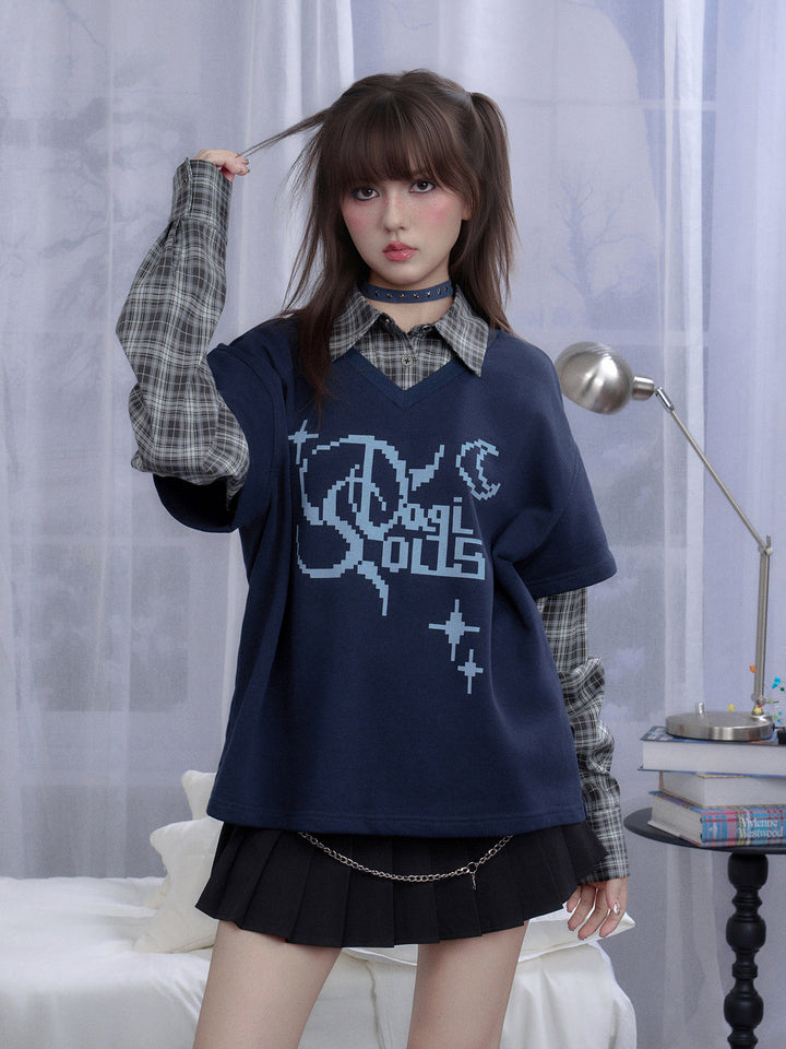 Plaid Layered Pixel Graphic Sweatshirt