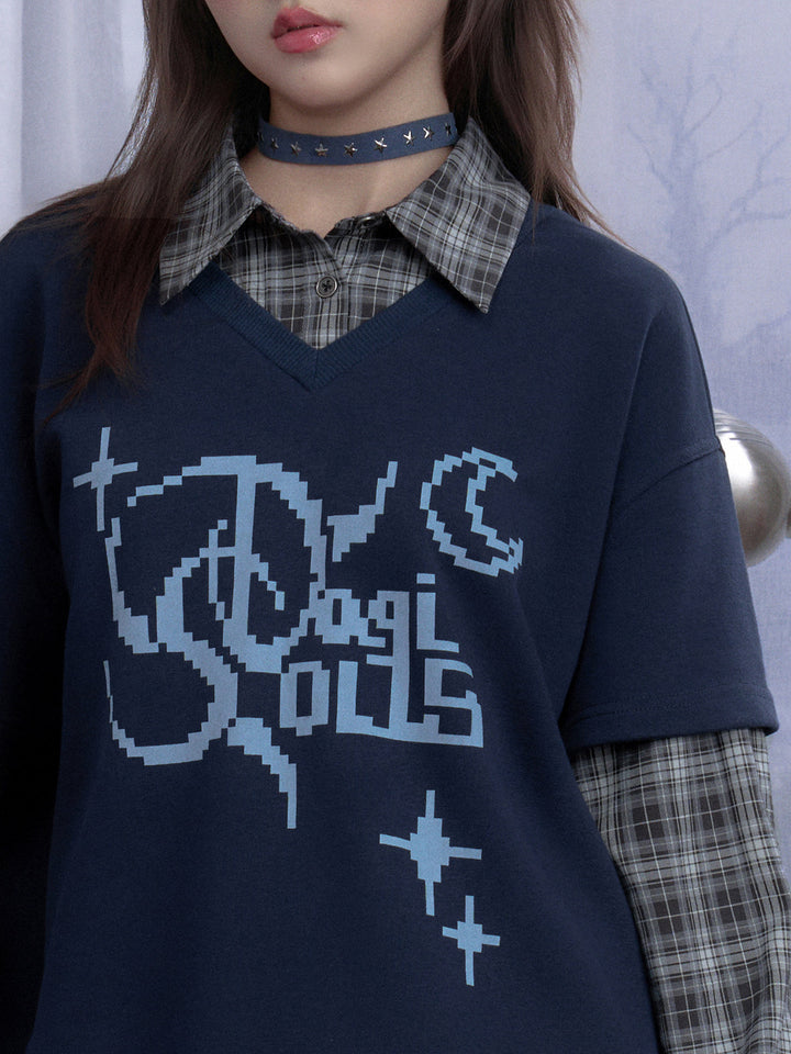Plaid Layered Pixel Graphic Sweatshirt