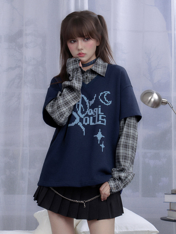 Plaid Layered Pixel Graphic Sweatshirt