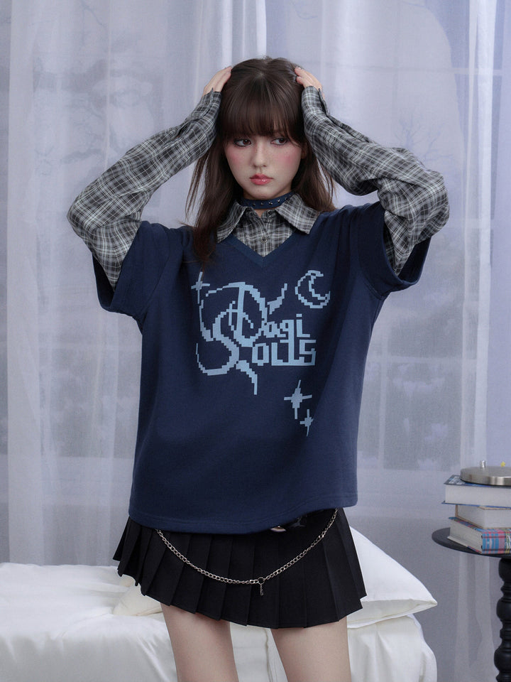 Plaid Layered Pixel Graphic Sweatshirt