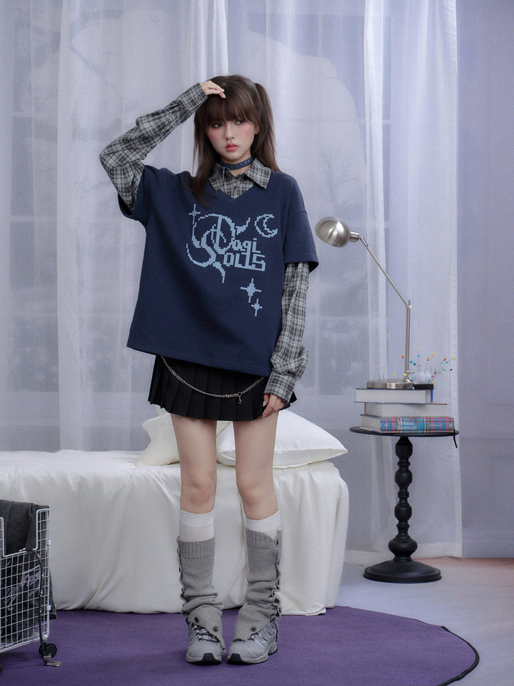 Plaid Layered Pixel Graphic Sweatshirt