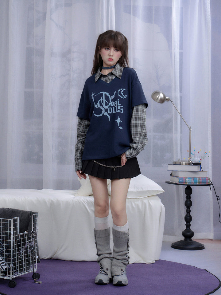 Plaid Layered Pixel Graphic Sweatshirt