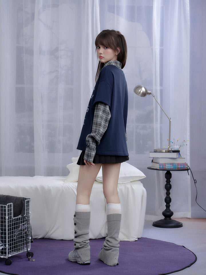 Plaid Layered Pixel Graphic Sweatshirt