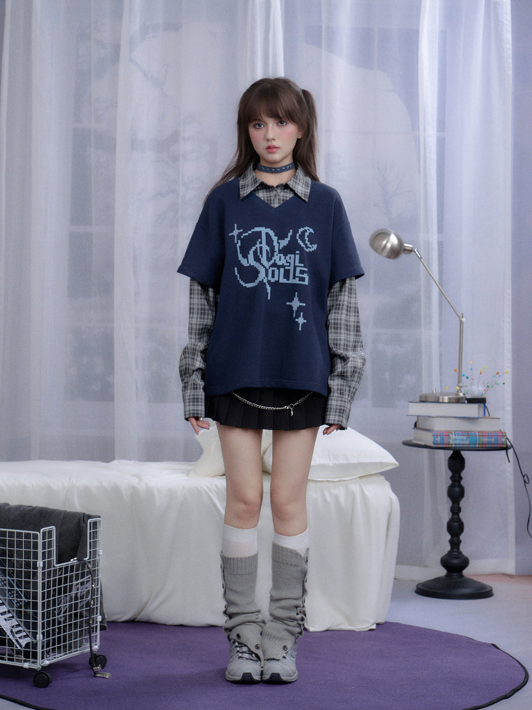 Plaid Layered Pixel Graphic Sweatshirt