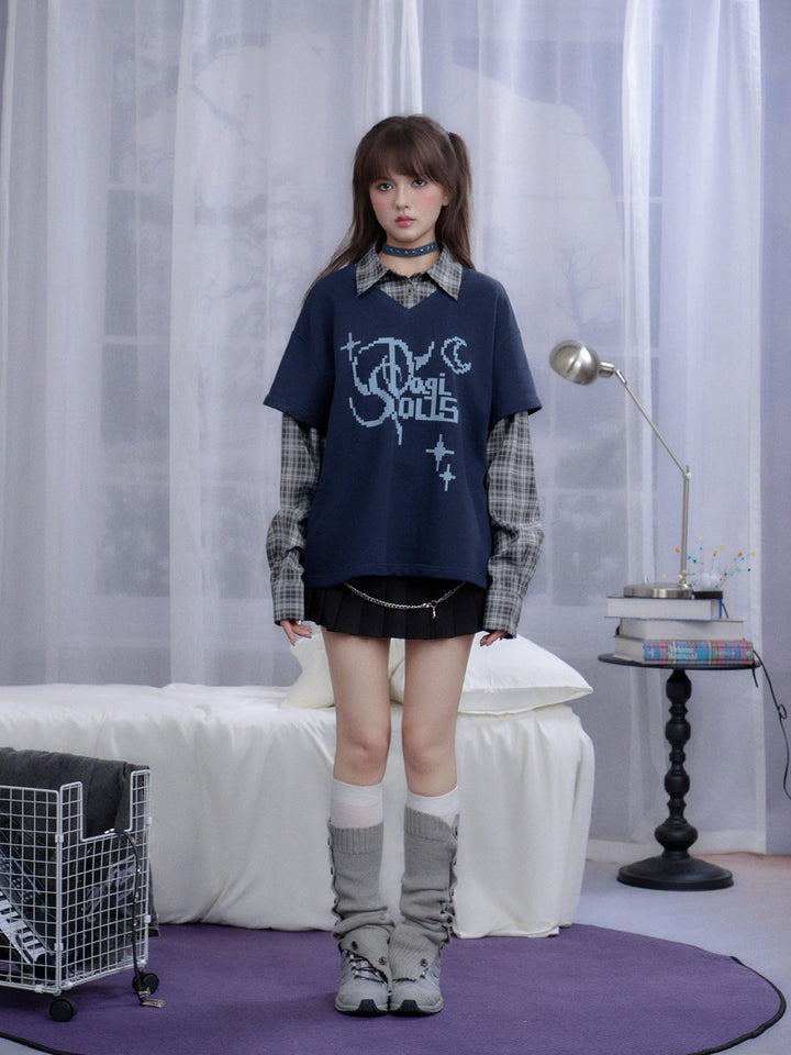 Plaid Layered Pixel Graphic Sweatshirt