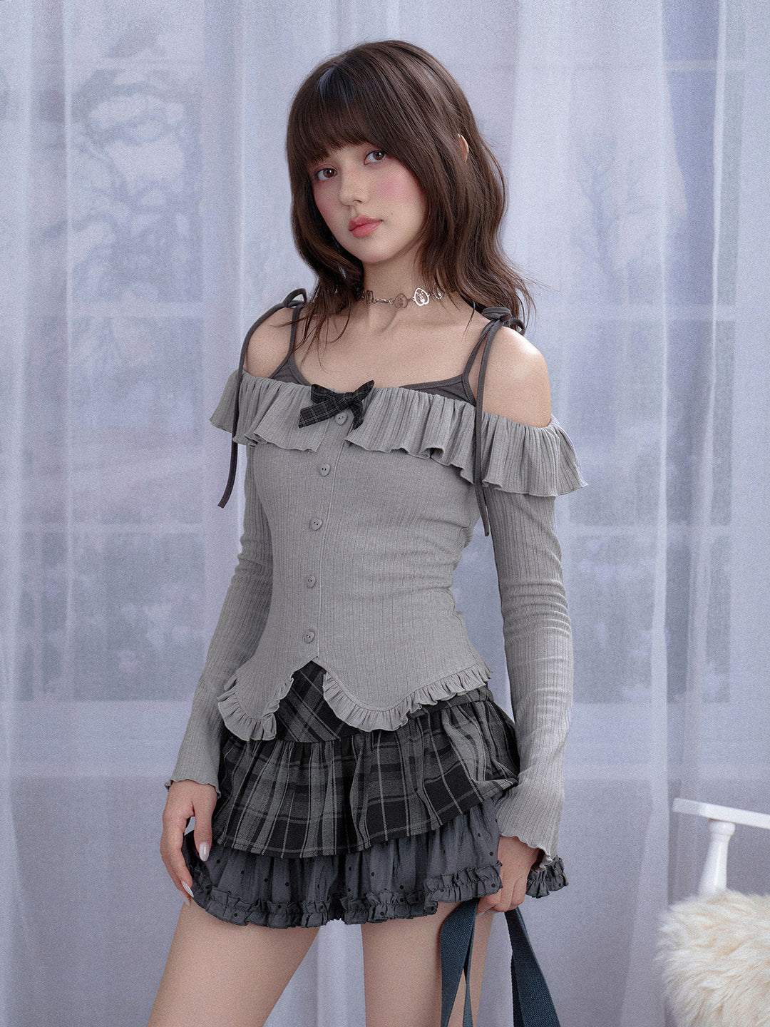 Bow Trim Off-Shoulder Layered Top