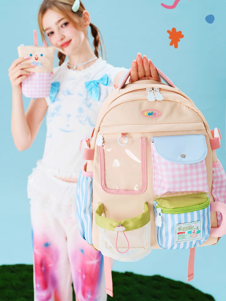 Multi-Pocket Patchwork School Backpack