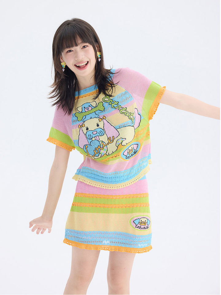 Pastel Rainbow Cartoon Patch Knit Mini Skirt