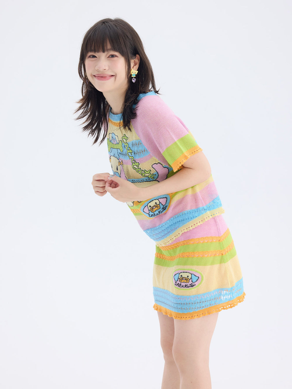 Pastel Rainbow Cartoon Patch Knit Mini Skirt
