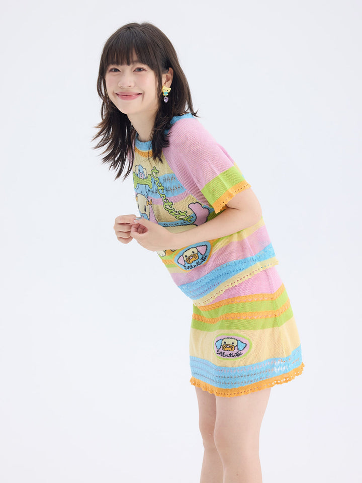 Pastel Rainbow Cartoon Patch Knit Mini Skirt