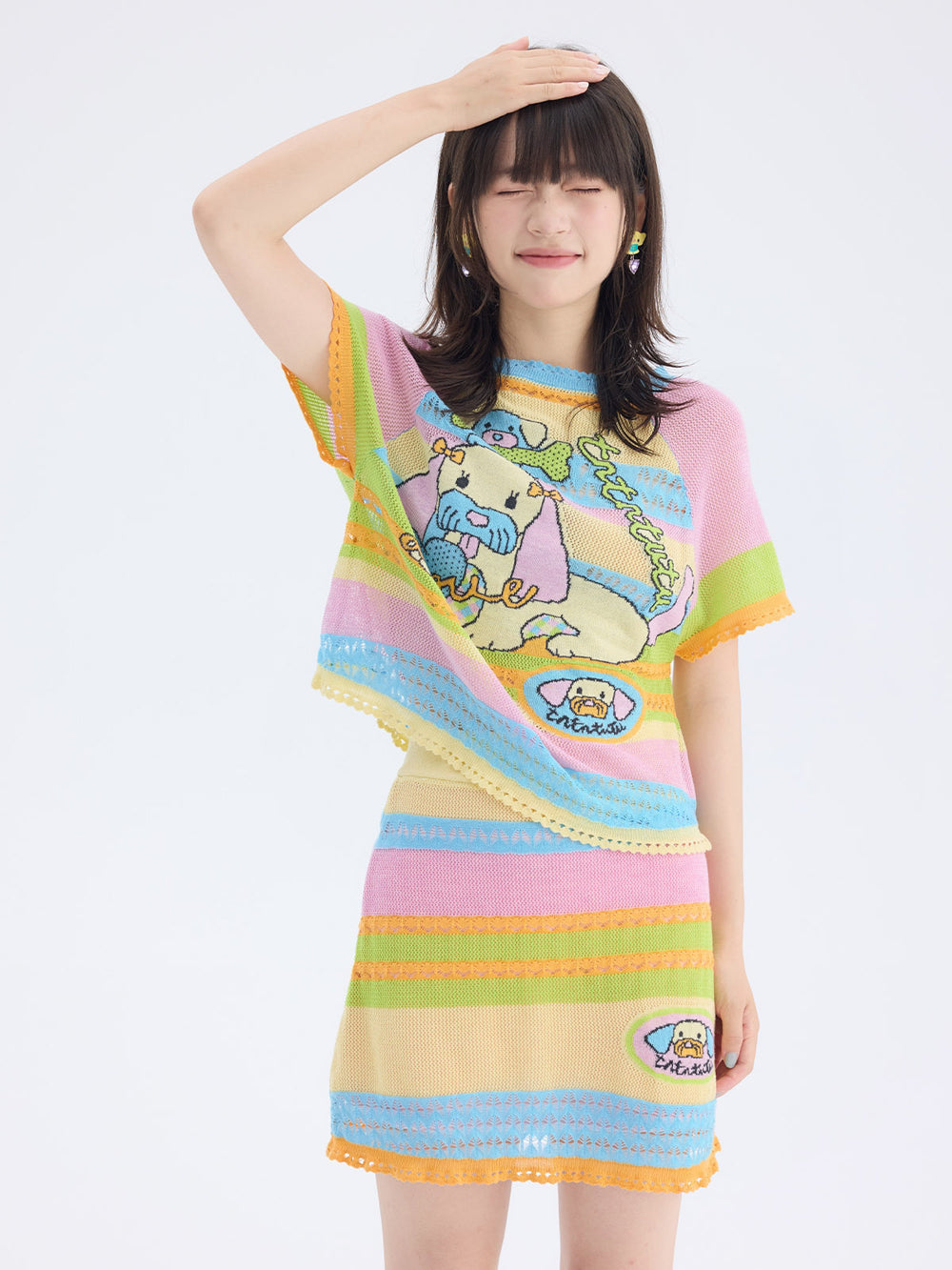 Pastel Rainbow Cartoon Patch Knit Mini Skirt