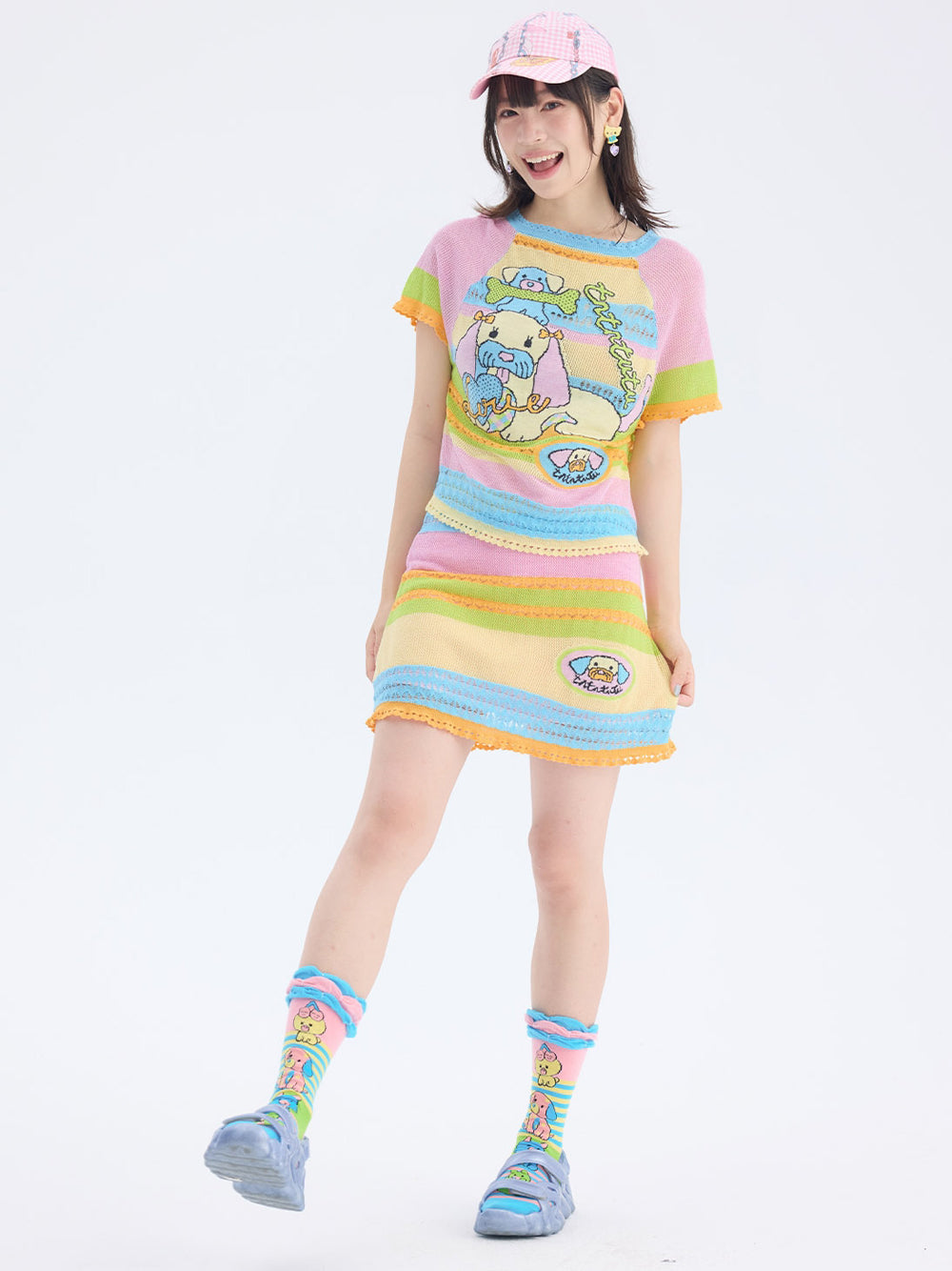 Pastel Rainbow Cartoon Patch Knit Mini Skirt