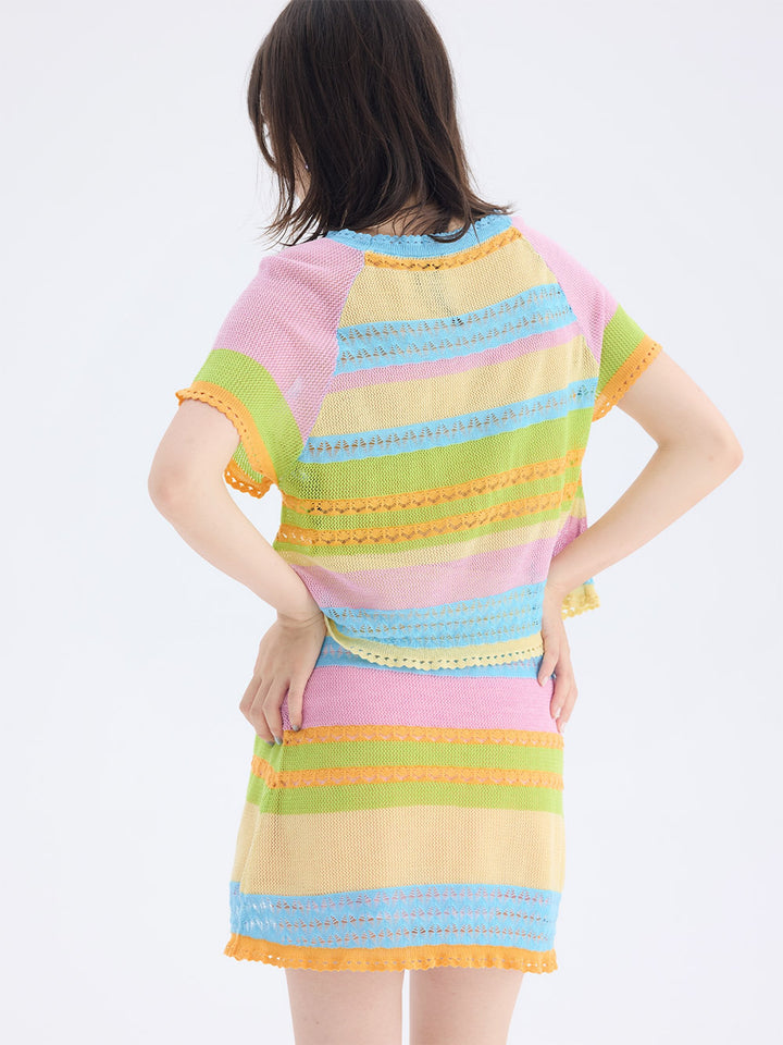 Pastel Rainbow Cartoon Patch Knit Mini Skirt