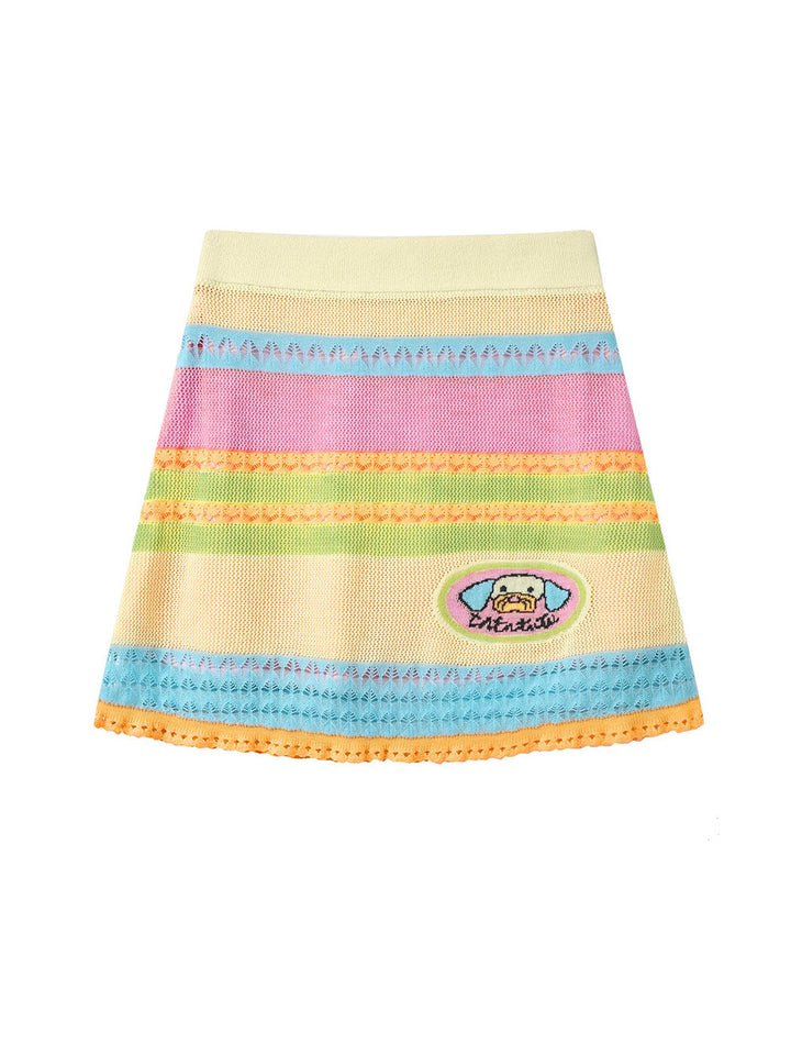 Pastel Rainbow Cartoon Patch Knit Mini Skirt