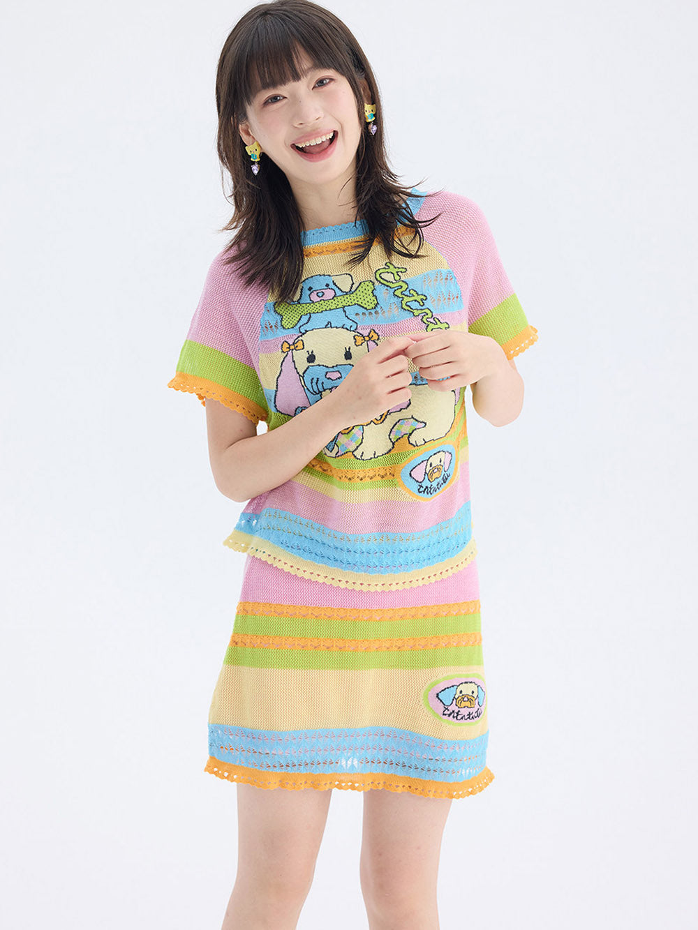 Pastel Rainbow Cartoon Patch Knit Mini Skirt