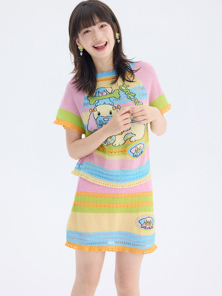 Pastel Rainbow Cartoon Patch Knit Mini Skirt