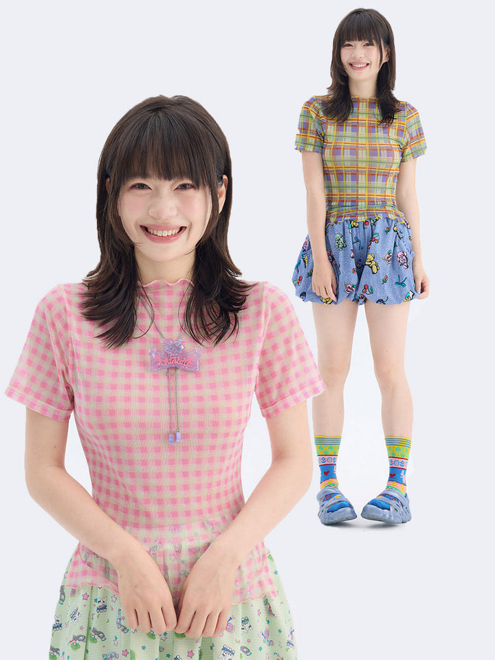Plaid Mesh Lettuce Edge T Shirt