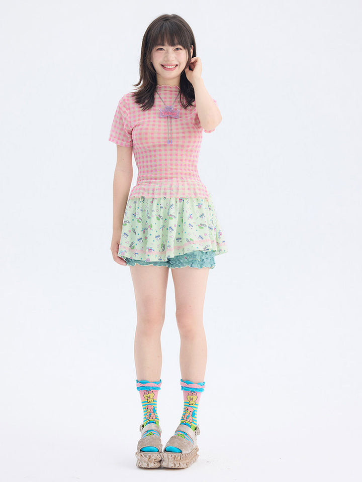 Plaid Mesh Lettuce Edge T Shirt