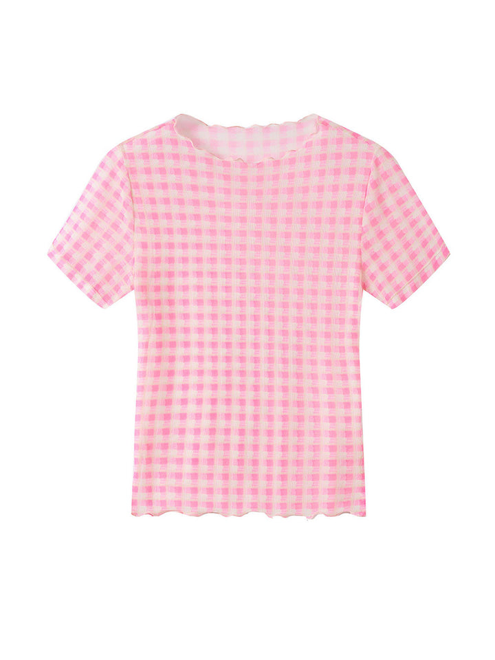 Plaid Mesh Lettuce Edge T Shirt