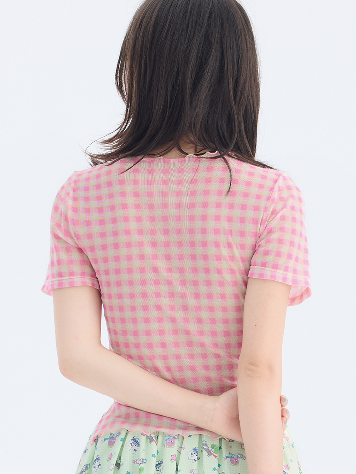 Plaid Mesh Lettuce Edge T Shirt