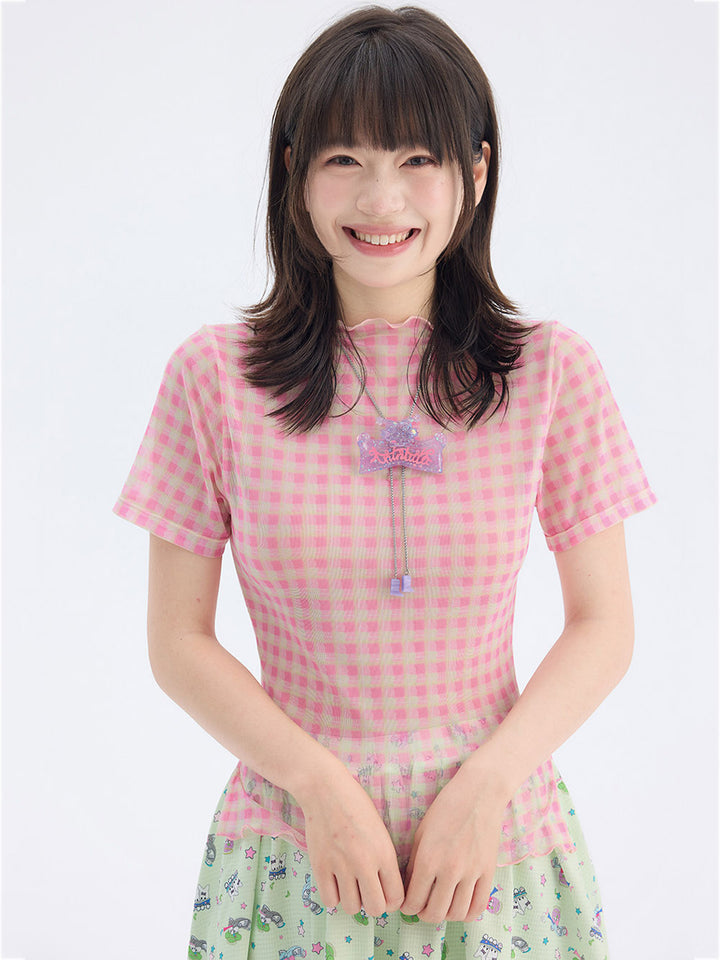 Plaid Mesh Lettuce Edge T Shirt