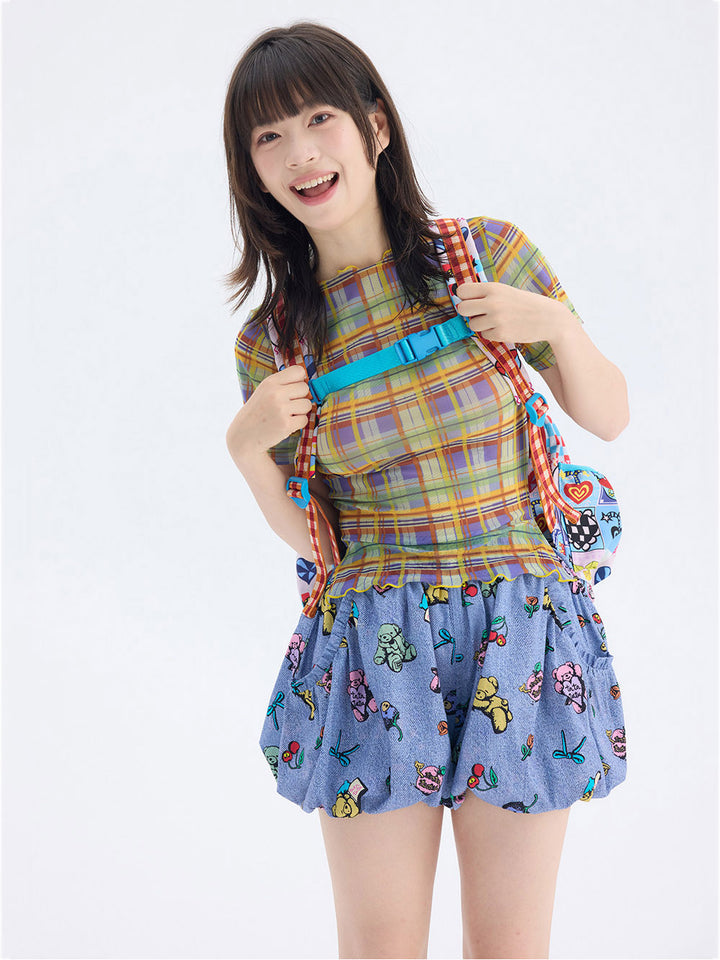 Plaid Mesh Lettuce Edge T Shirt