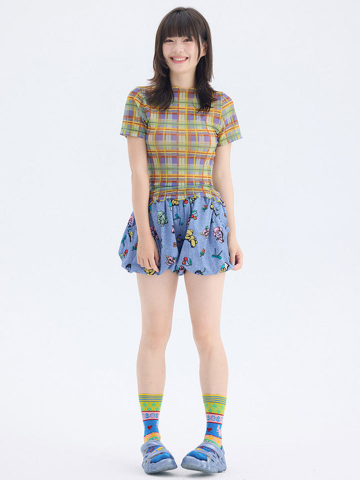 Plaid Mesh Lettuce Edge T Shirt
