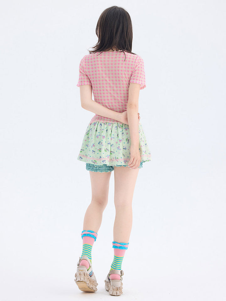 Plaid Mesh Lettuce Edge T Shirt
