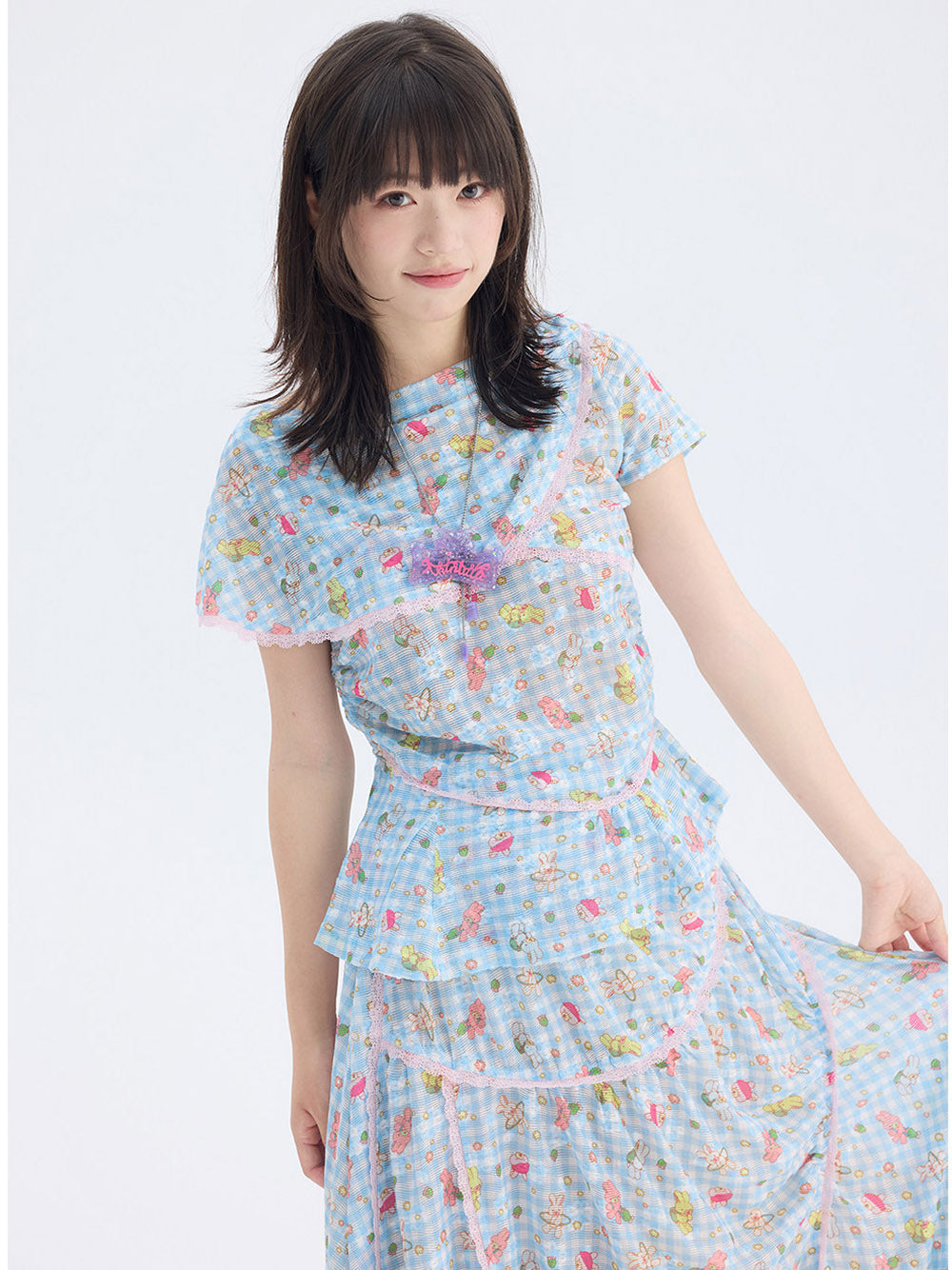 Blue Cartoon Gingham Cape Collar Blouse Midi Skirt