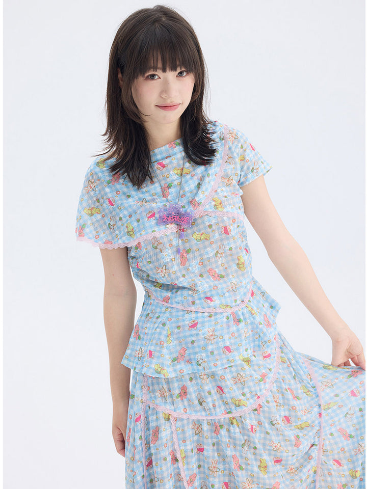 Blue Cartoon Gingham Cape Collar Blouse Midi Skirt