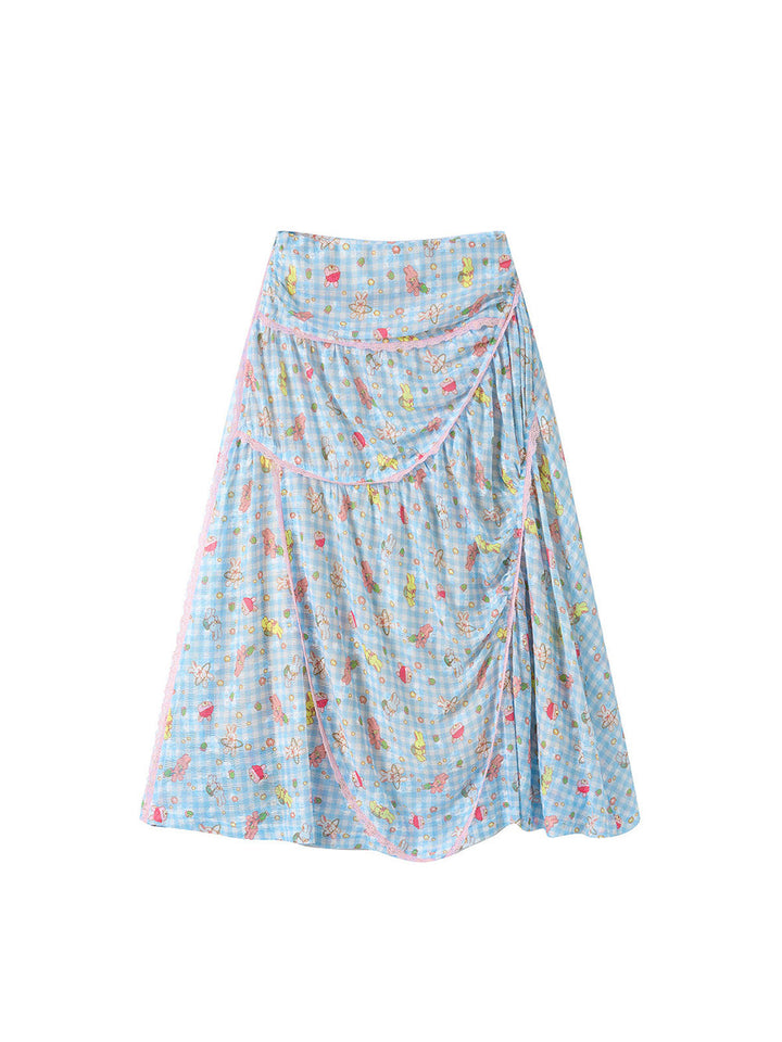 Blue Cartoon Gingham Cape Collar Blouse Midi Skirt